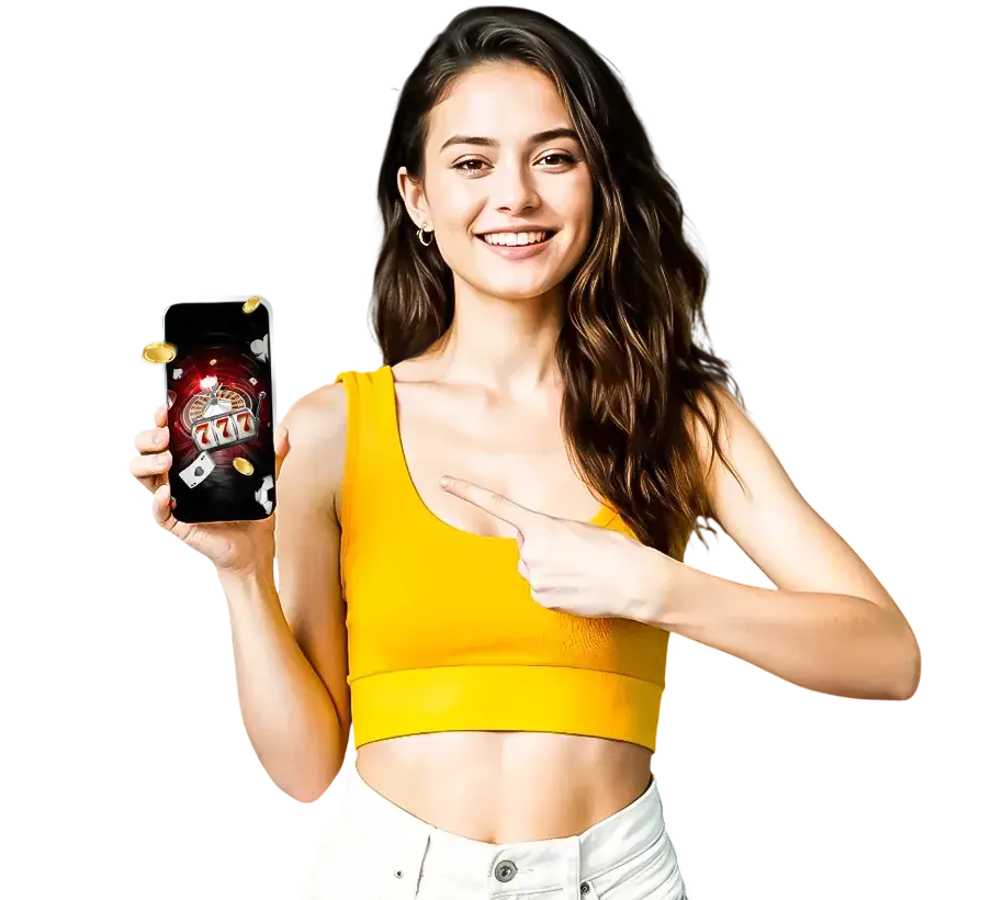 Young woman holding a phone showing the official InstaMatch 365 app — Android and iOS download